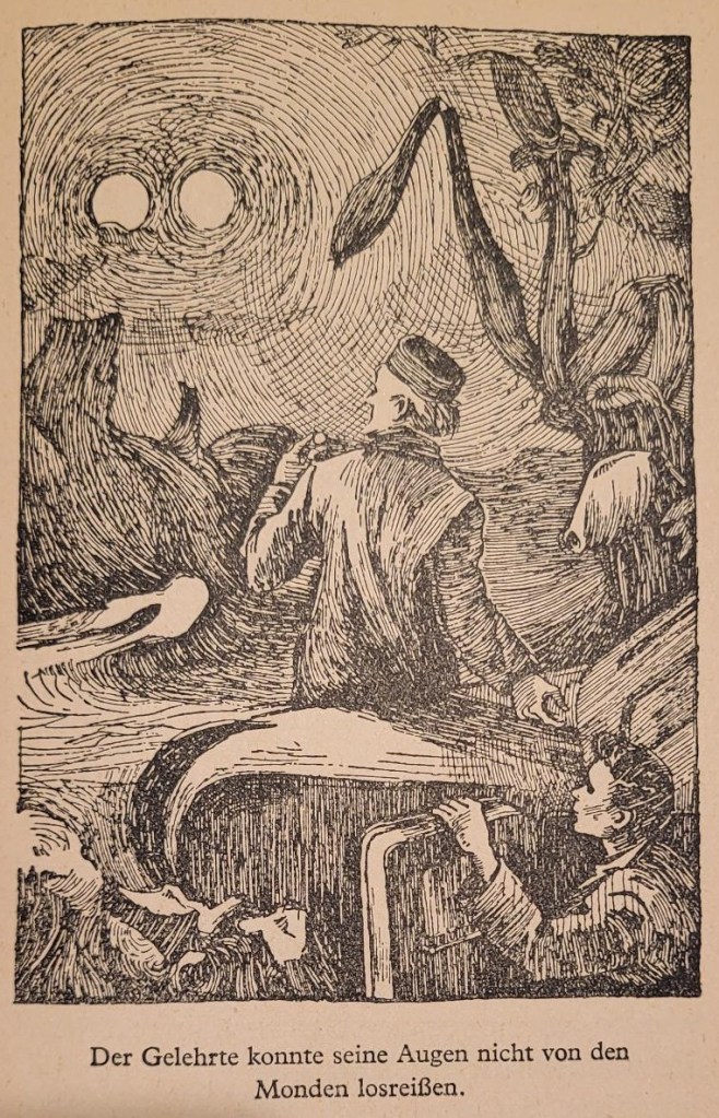 Eine der schwarzweiß gezeichneten Illustration aus dem Buch "Der zehnte Planet". Zu sehen sind die beiden Protagonisten beim Aussteigen aus ihrem Planetoplan. Ihr Blick richtet sich in den Himmel zu den beiden aufgehenden Monden.